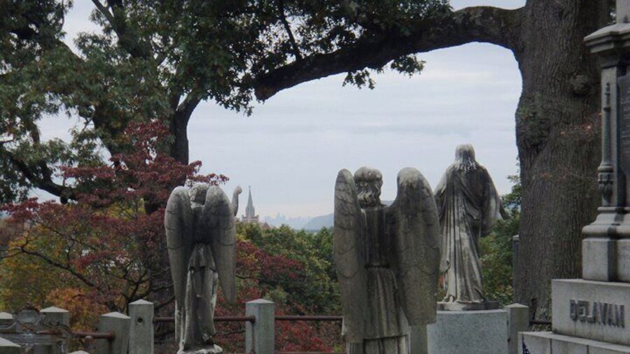 On a clear day, if you climb to the top of the cemetery, you can see the New York City skyline down the Hudson River.
