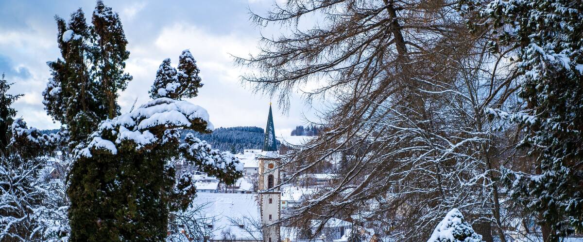 A snow-covered landscape with a church, trees, and houses.