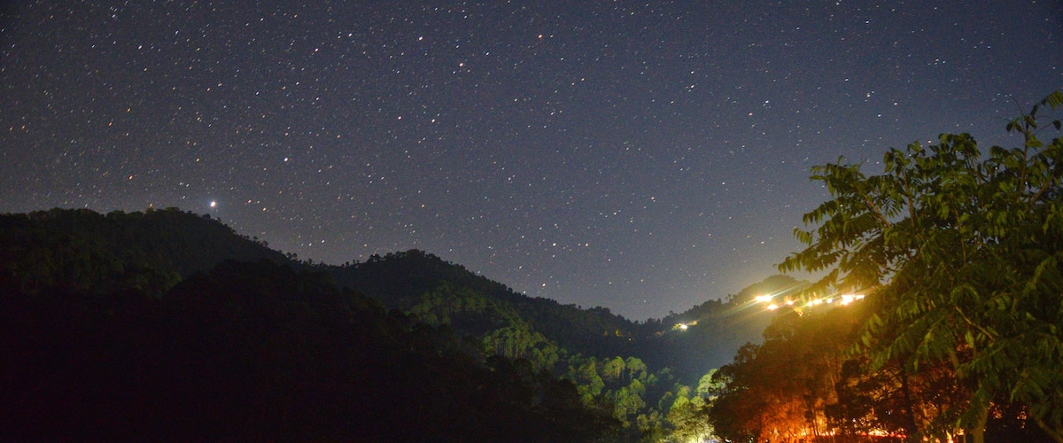 A starry night sky over a calm lake with reflections of lights and trees.