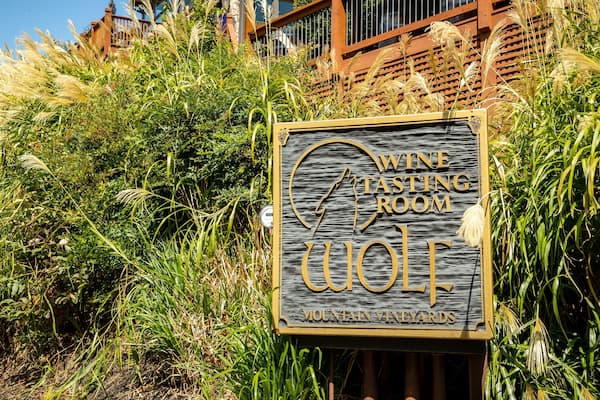 A sign for 'WINE TASTING ROOM' at 'MOUNTAIN VINEYARDS'.