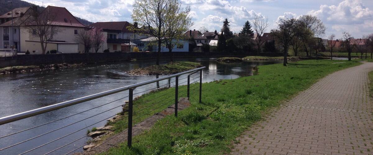 A riverside pathway with a metal railing, a brick walkway, and houses in the background.