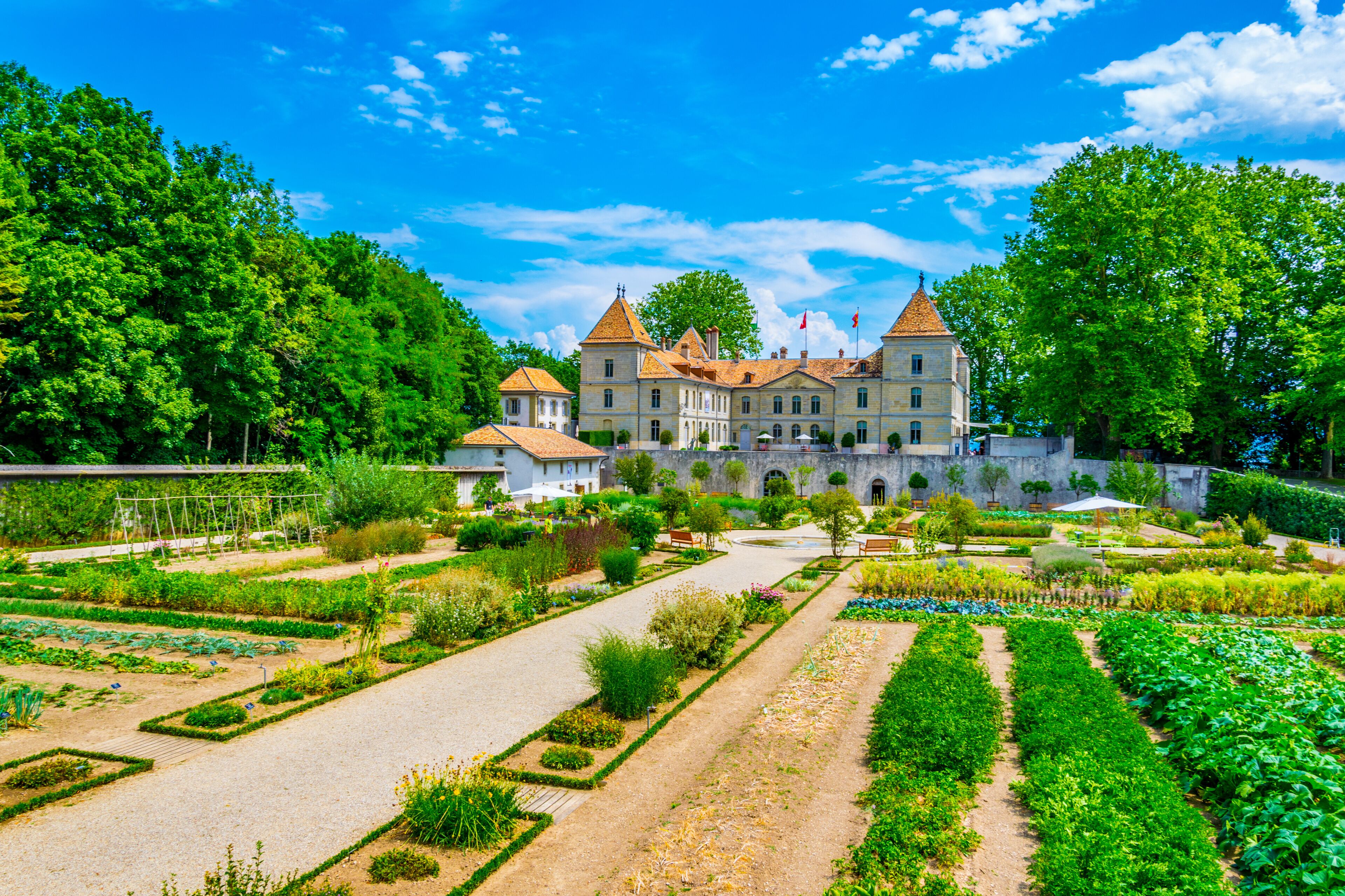 Prangins castle and surrounding gardens in the swiss city Nyon
