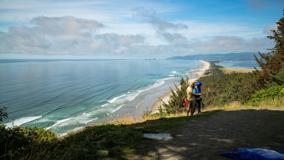 A coastal hiking trail with a view of the ocean and beach.