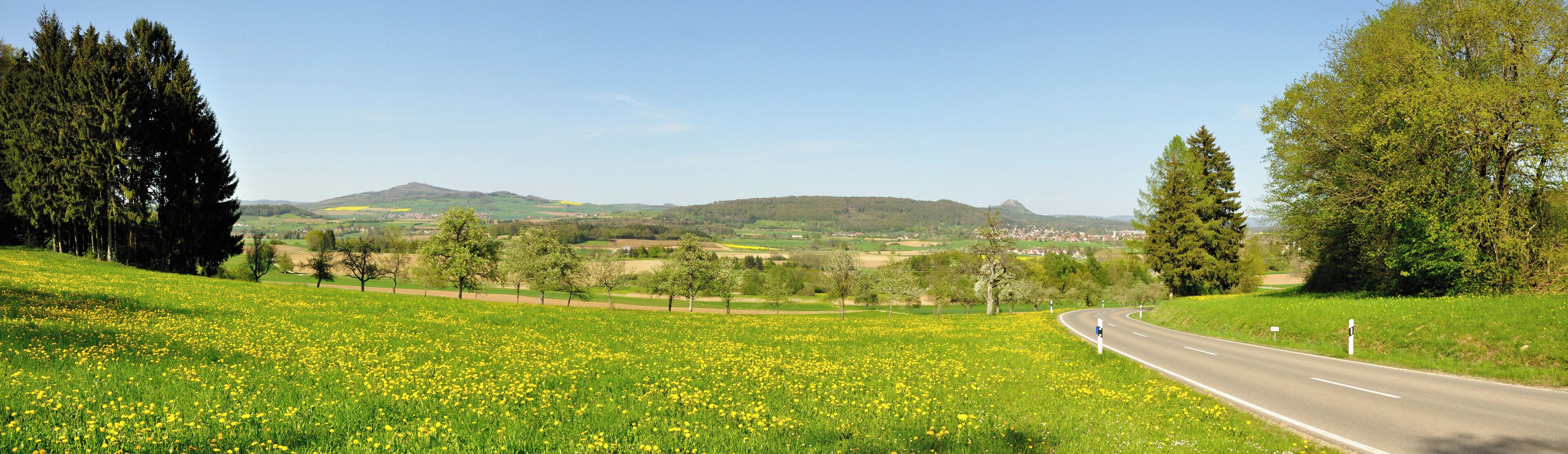 A rural landscape with a winding road, fields of yellow flowers, and distant hills.