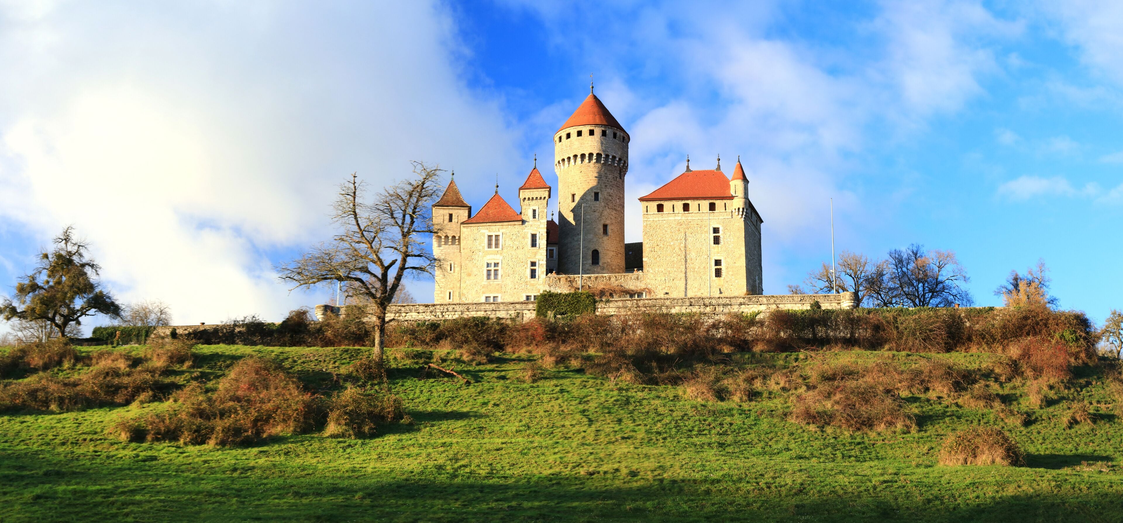 panoramic view of beauiful medieval castle Chateau de Montrottier, Rhone-Alpes, Savoie, near Annecy.  France.