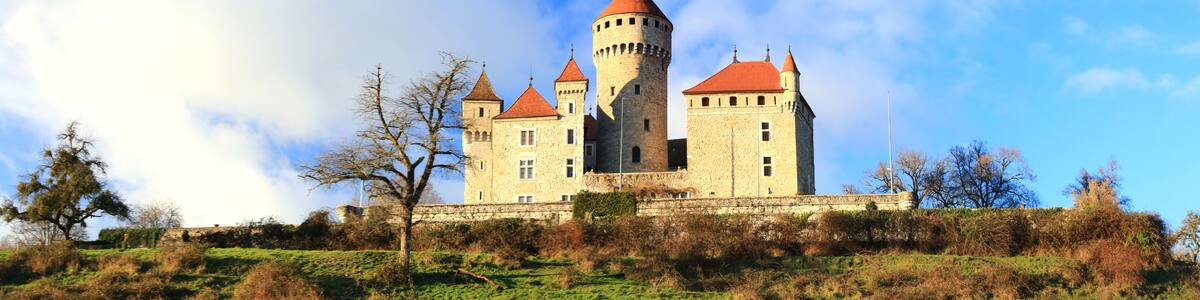 panoramic view of beauiful medieval castle Chateau de Montrottier, Rhone-Alpes, Savoie, near Annecy. France.