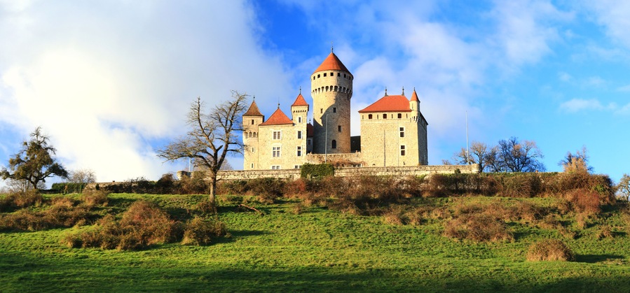 panoramic view of beauiful medieval castle Chateau de Montrottier, Rhone-Alpes, Savoie, near Annecy. France.