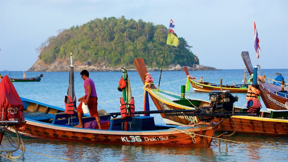 A group of traditional boats docked at a harbor with a small island in the background.