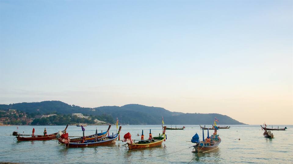 A calm harbor with several traditional boats docked, surrounded by hills and a clear sky.