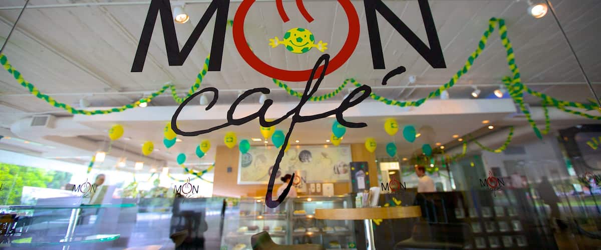 Oscar Niemeyer Museum showing cafe lifestyle, signage and interior views