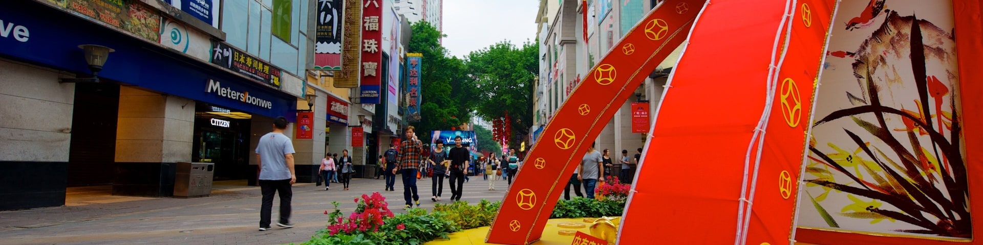 Beijing Road Pedestrian Street showing signage, a city and street scenes