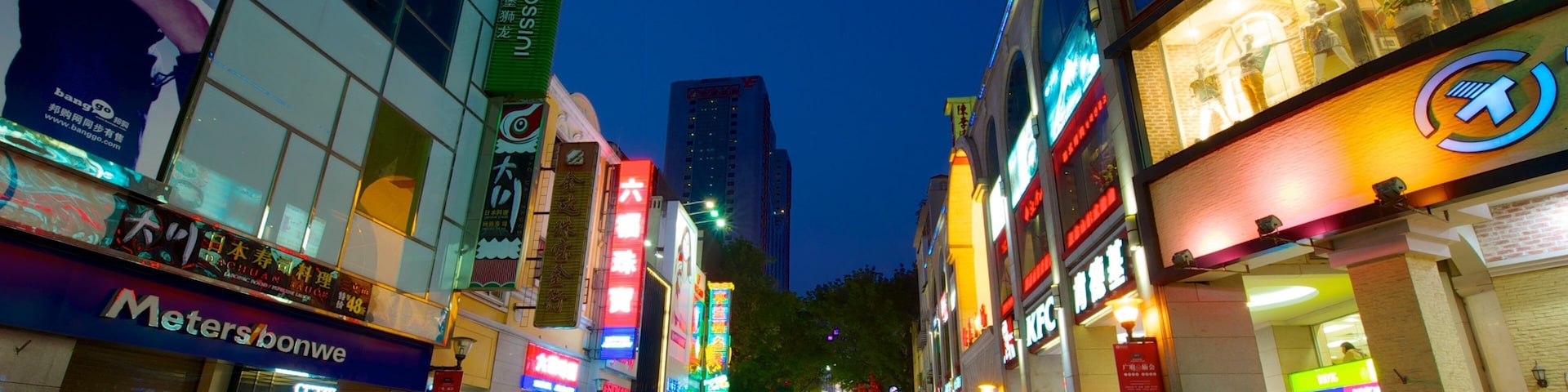 Beijing Road Pedestrian Street showing signage, night scenes and modern architecture