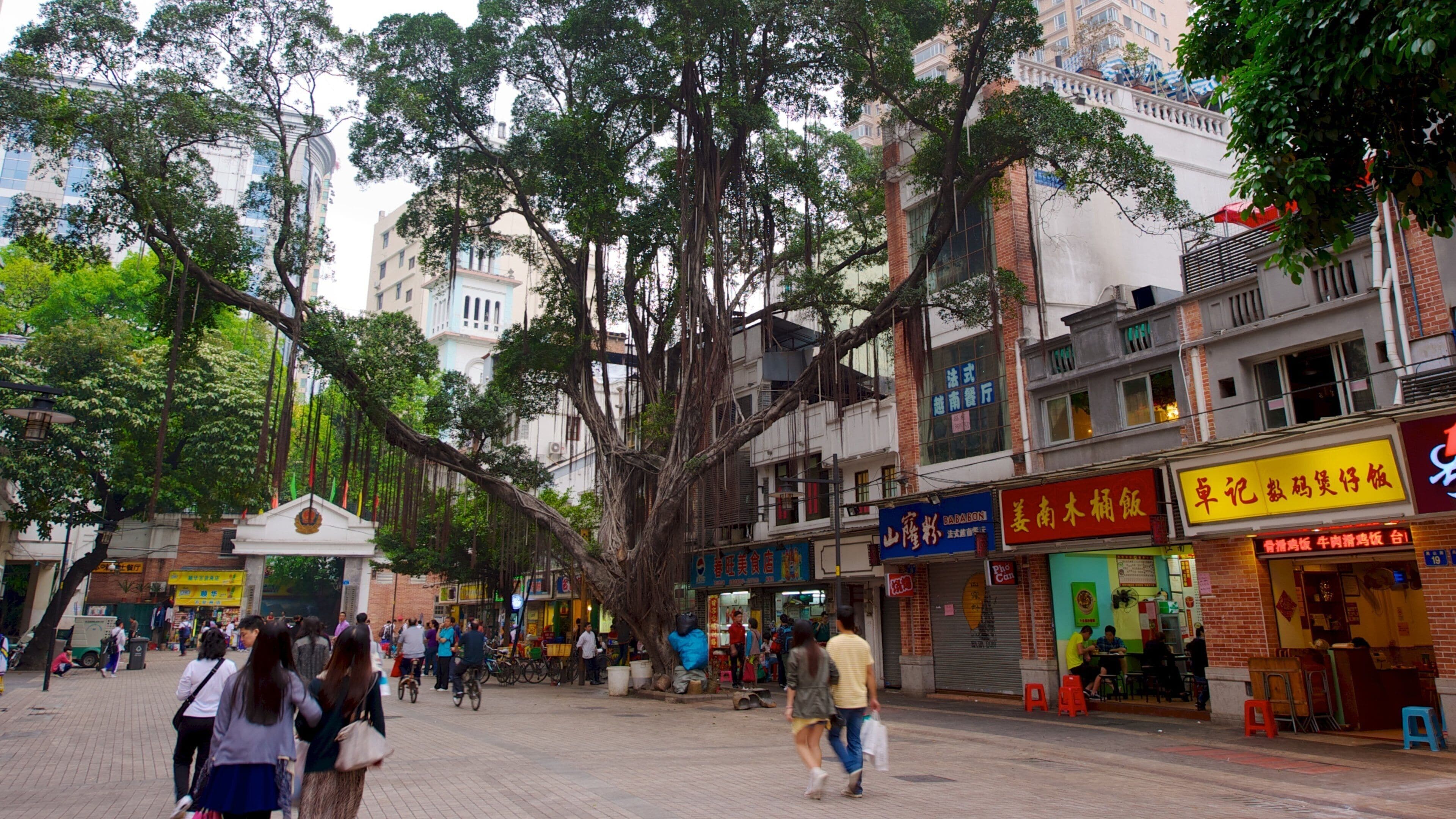 Calle peatonal Beijing Road que incluye escenas cotidianas y también un grupo grande de personas