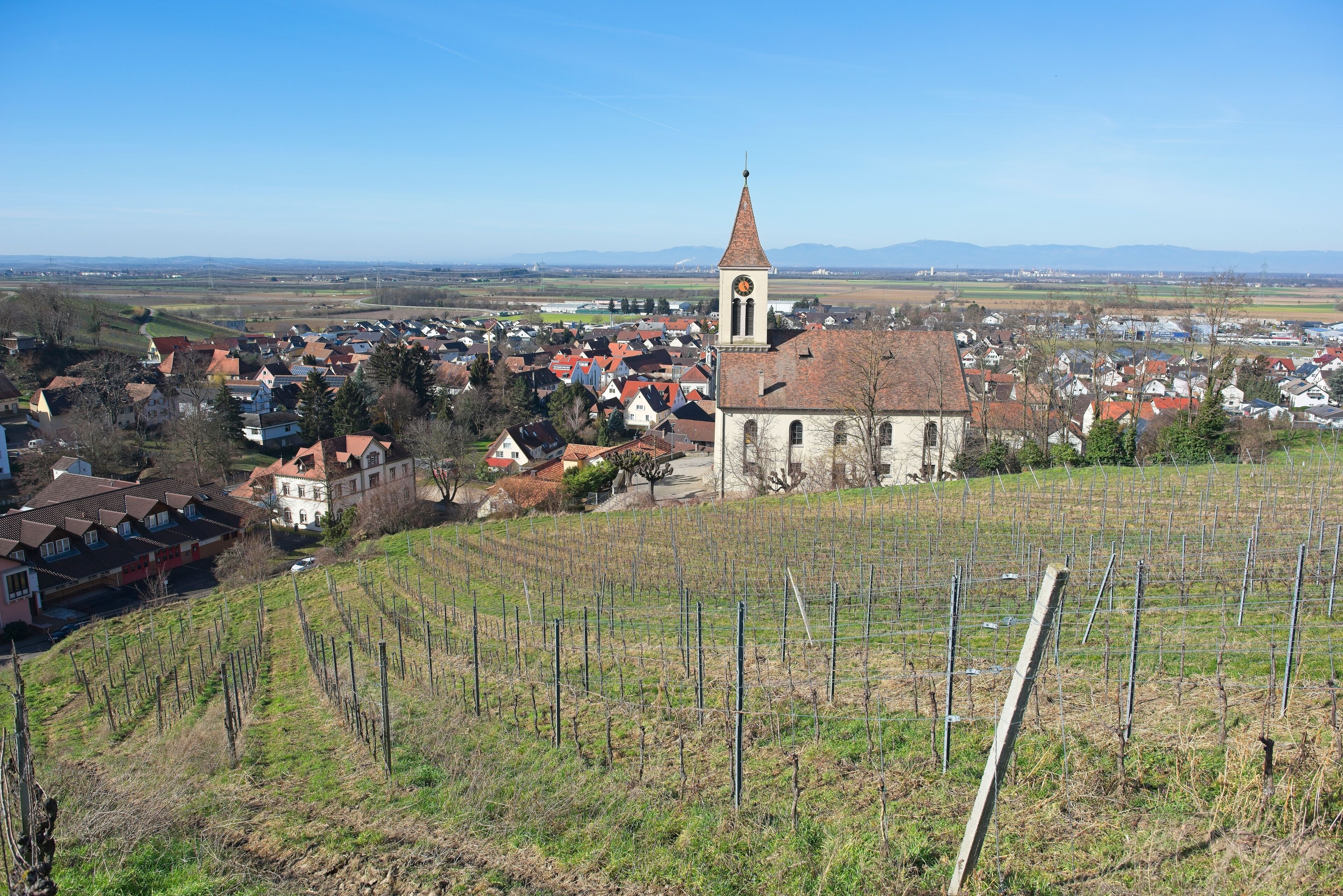 The "Evangelical Kreuz Kirche" in Auggen, the place is located in southern Germany and is known as a wine-growing region. 
