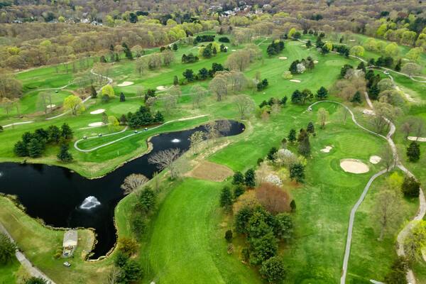 Drone view of the Alfred Smith Golf Course in Fort Salonga Smithtown Bay Long Island New York