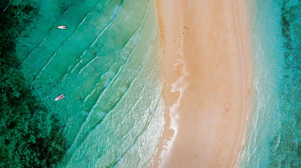 An aerial view of a beach with clear turquoise waters, a sandy shore, and a few boats.