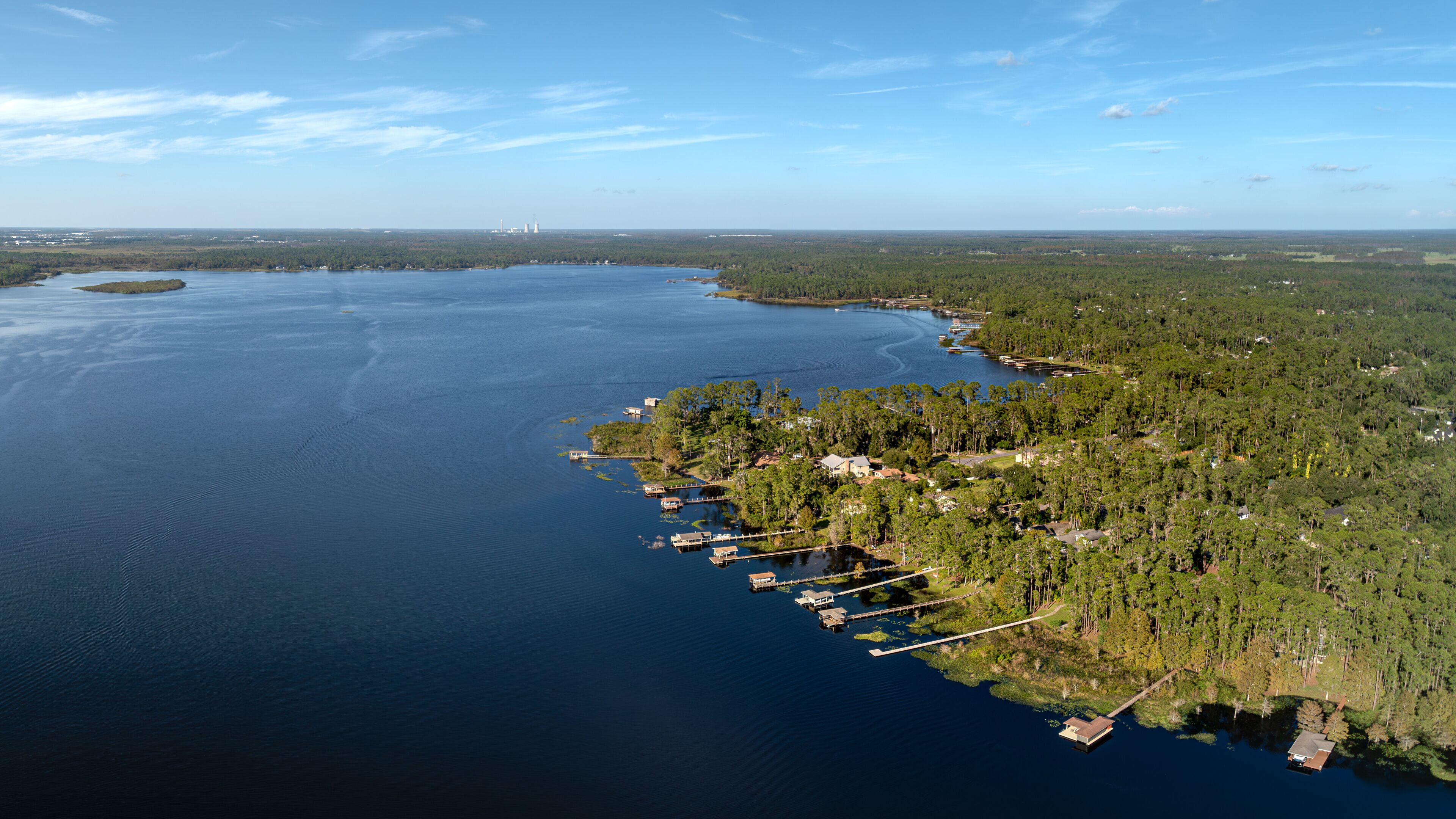 Aerial panoramic view of Lake Mary Jane, Florida, USA. October 25, 2024.  South of Orlando in the Lake Nona area. 