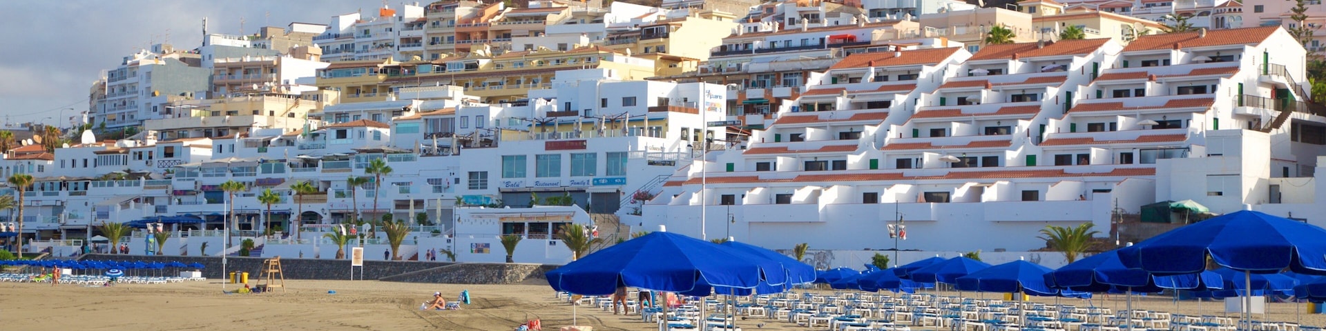 A beach with rows of blue and white sun loungers and umbrellas, a sandy shore, and a backdrop of white buildings with red roofs on a hillside.