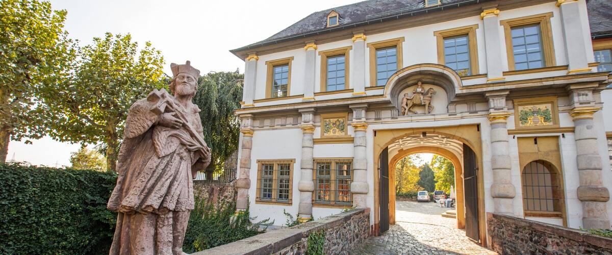 Hoechst Castle showing a statue or sculpture and heritage elements