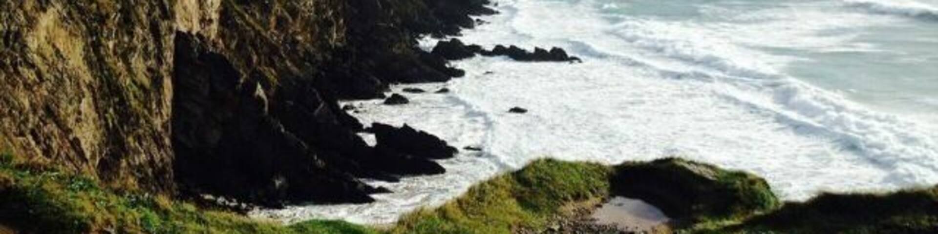 A coastal cliff with waves crashing against it, a grassy hillside, and a cloudy sky.