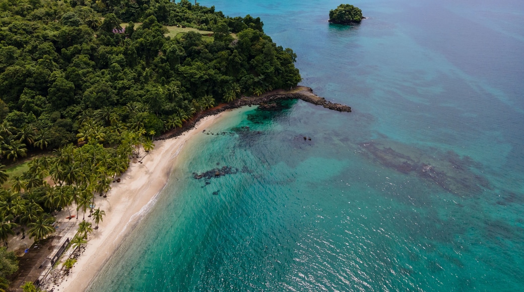 Una isla tropical con una playa de arena y aguas turquesas.