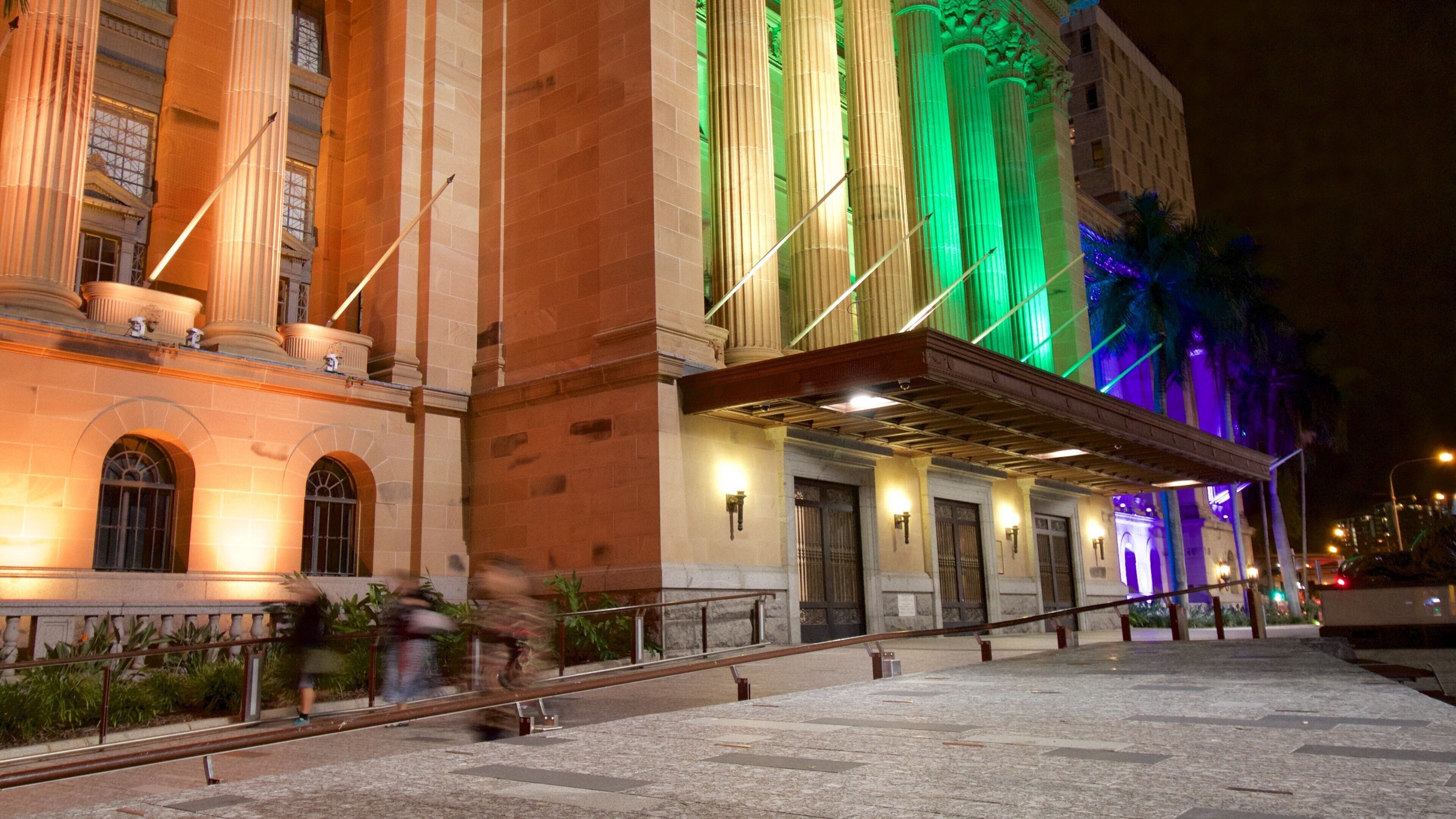 Brisbane City Hall which includes heritage elements, night scenes and heritage architecture