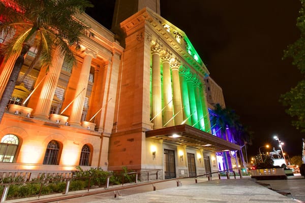 Brisbane City Hall featuring heritage architecture, heritage elements and night scenes
