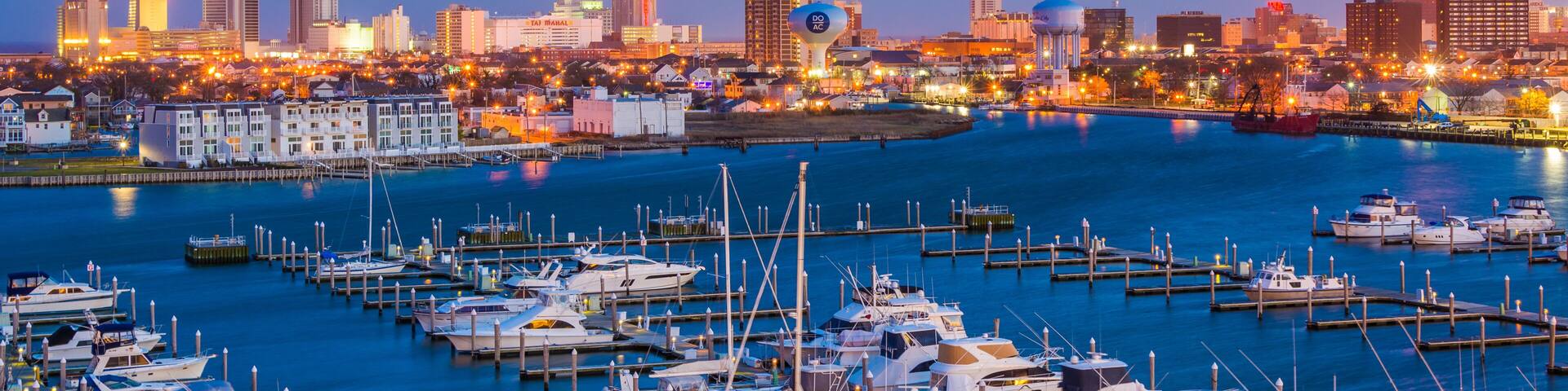 View of the Farley State Marina and skyline at night, in Atlantic City, New Jersey.