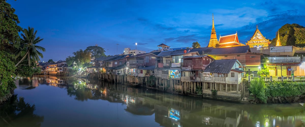 Panorama picture of old community houses on the waterfront market Chanthaburi, Thailand, before nightfall