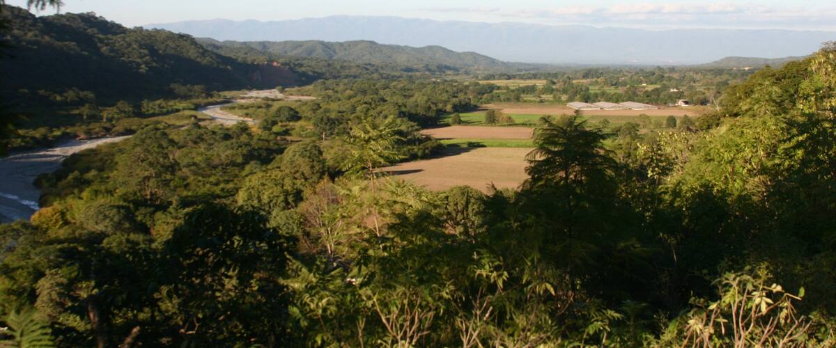 A river winding through a lush valley with dense forests and distant mountains.