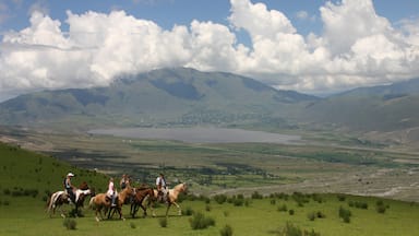 Um grupo de pessoas cavalgando por um campo gramado, com montanhas ao fundo e um lago.