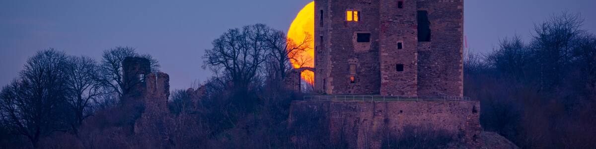 Ein historischer Backsteinturm mit einem großen Fenster, umgeben von Bäumen und Ruinen, während der Sonnenuntergang stattfindet.