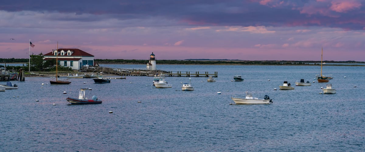 Colorful sky at sunset at Brant Point Lighthouse on Nantucket, Massachusetts