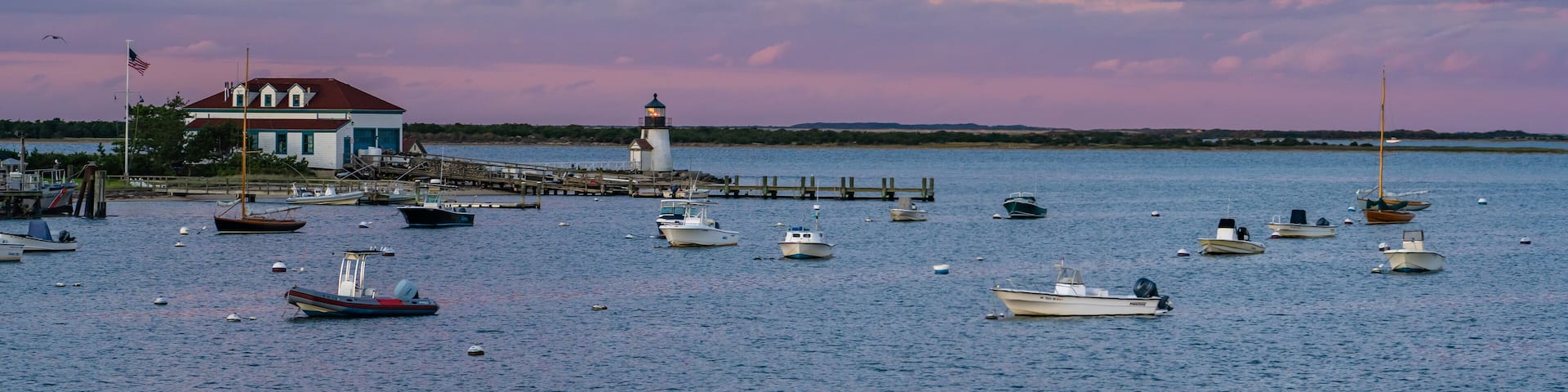 Colorful sky at sunset at Brant Point Lighthouse on Nantucket, Massachusetts