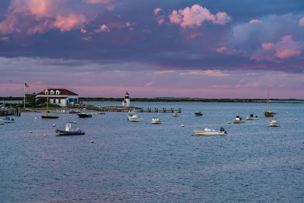 Colorful sky at sunset at Brant Point Lighthouse on Nantucket, Massachusetts