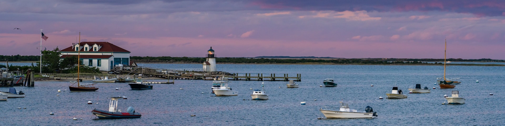 Colorful sky at sunset at Brant Point Lighthouse on Nantucket, Massachusetts