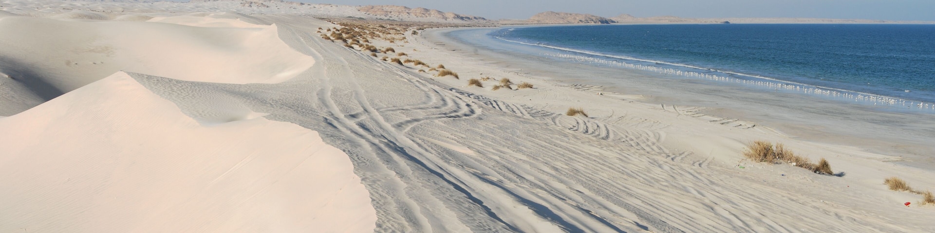 Paisaje desértico con dunas de arena y una playa.