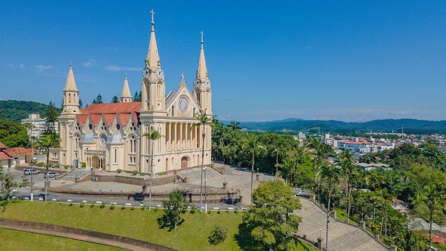 Aerial image of the Igreja Matriz São Pedro Apostolo in the city of Gaspar in Santa Catarina