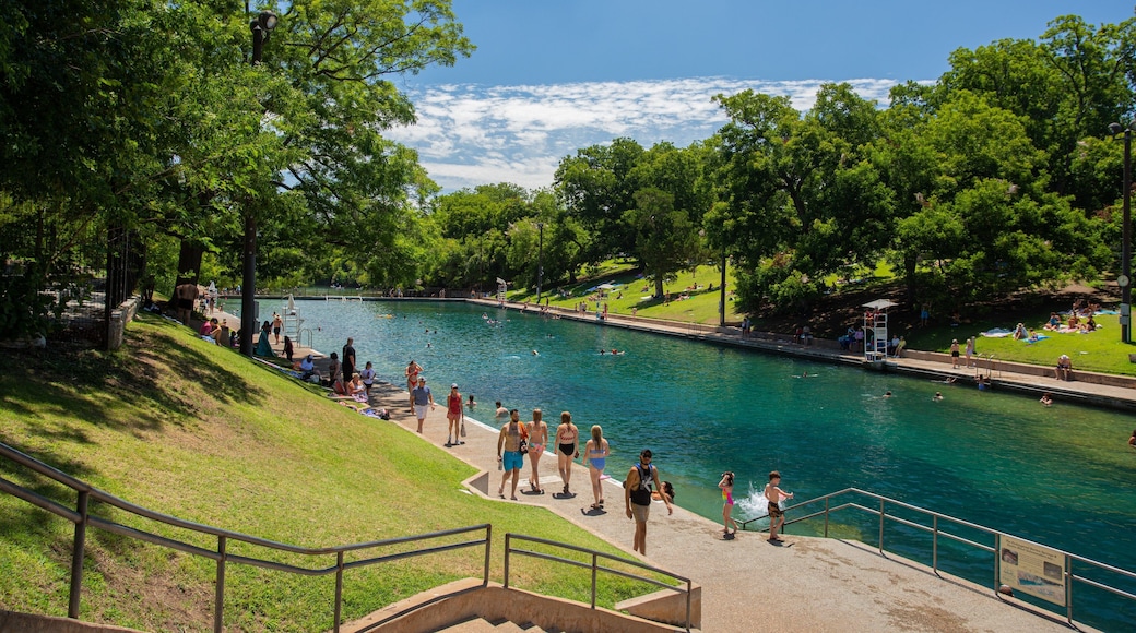 Barton Springs Pool which includes a garden and a river or creek