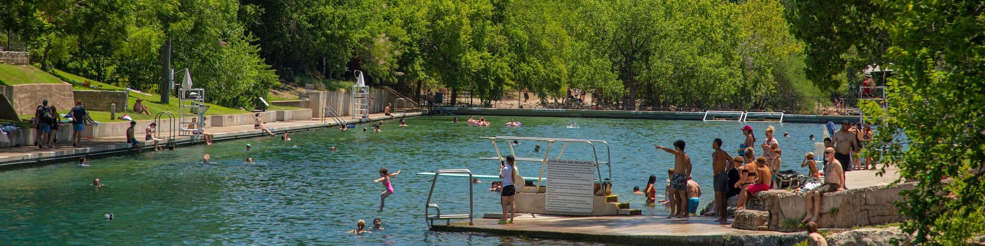 A public swimming pool surrounded by lush green trees and a city skyline in the background.