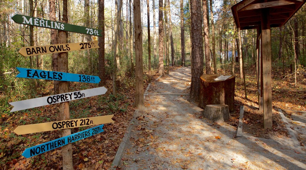 Carolina Raptor Center which includes forest scenes, a garden and signage