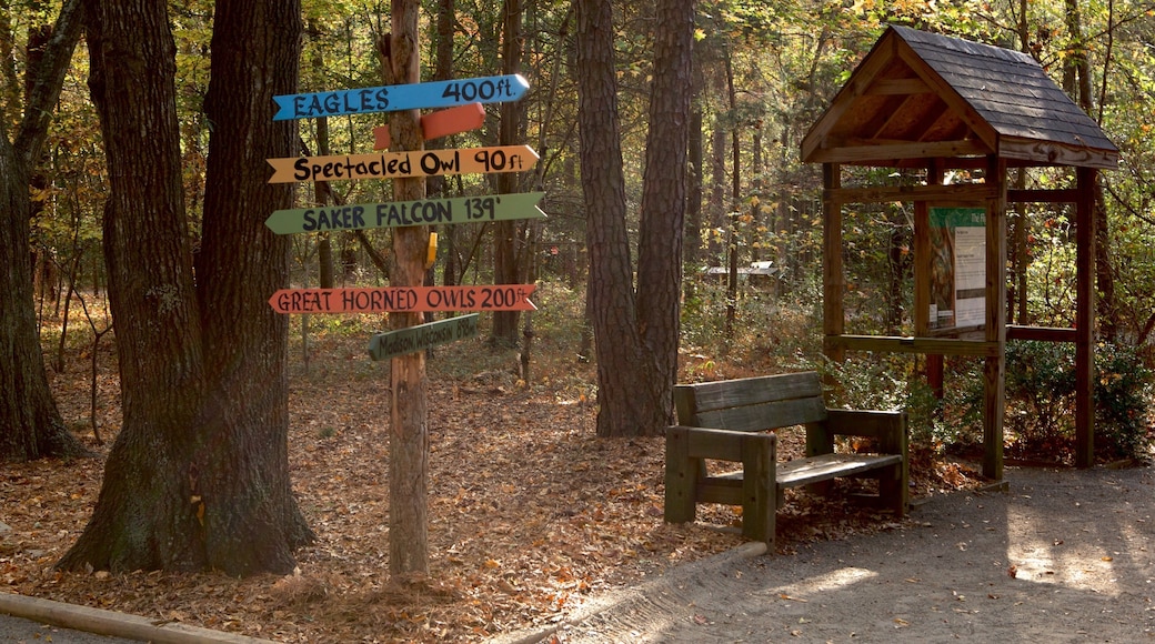 Carolina Raptor Center showing forests, signage and a garden