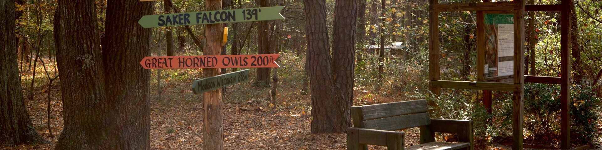 Carolina Raptor Center featuring a park, signage and forests