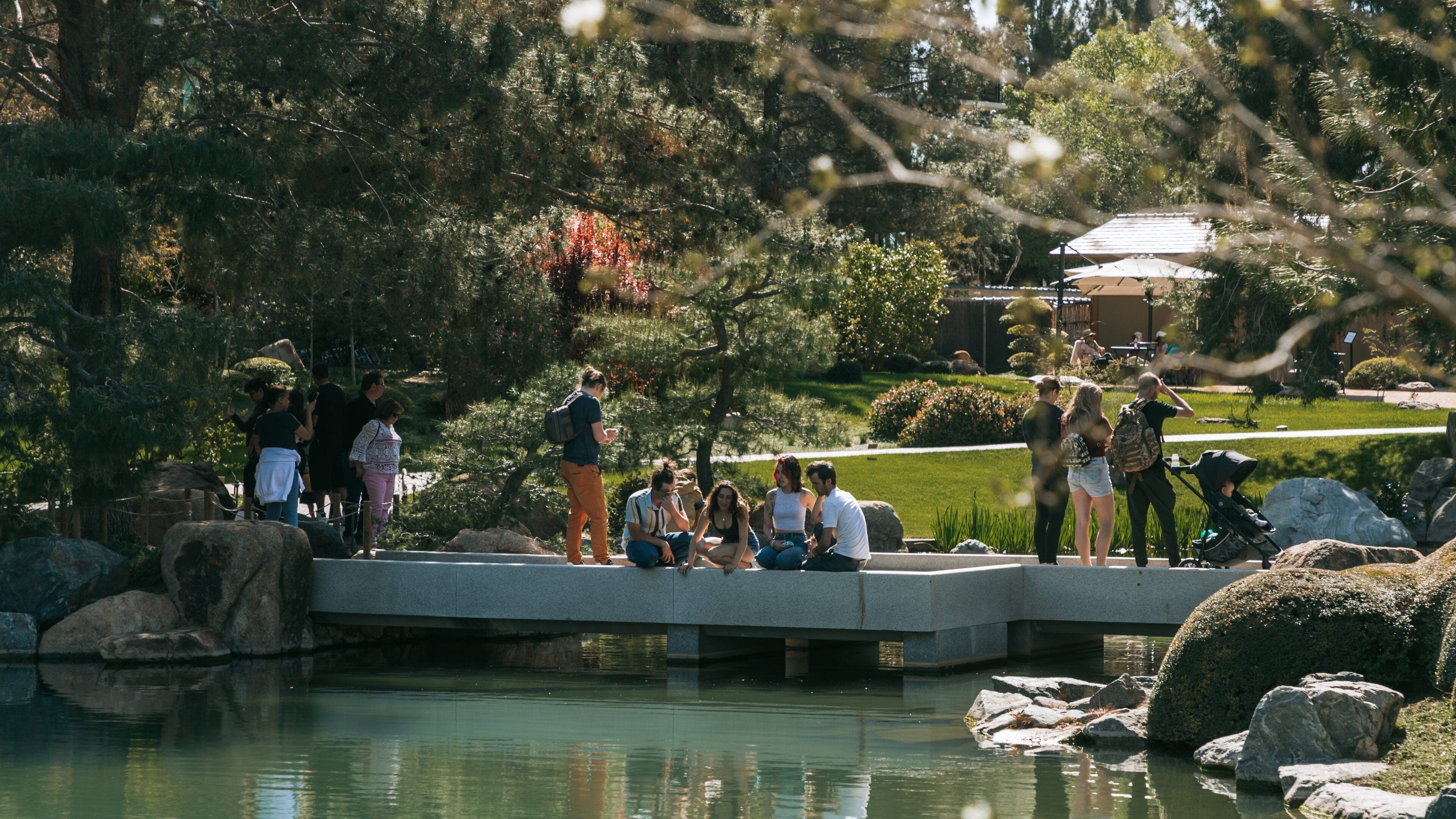 Japanese Friendship Garden of Phoenix featuring a pond as well as a small group of people