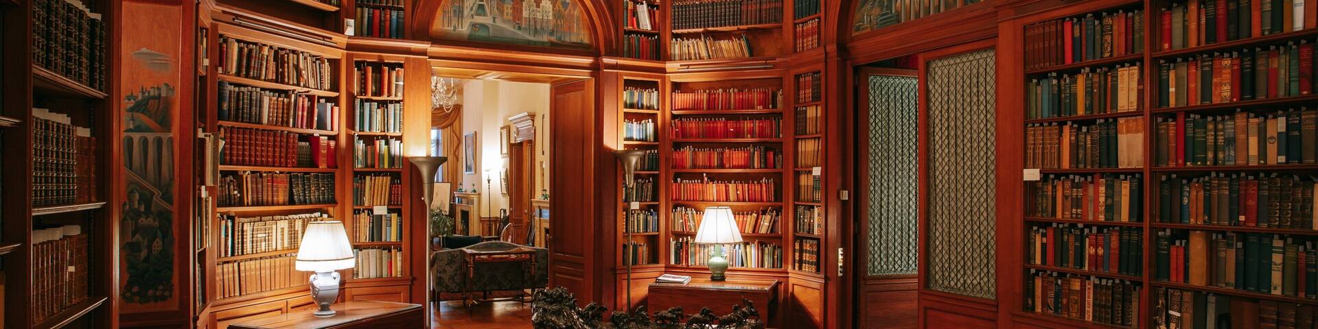 A library with wooden bookshelves, a red armchair, and a painting on the wall.