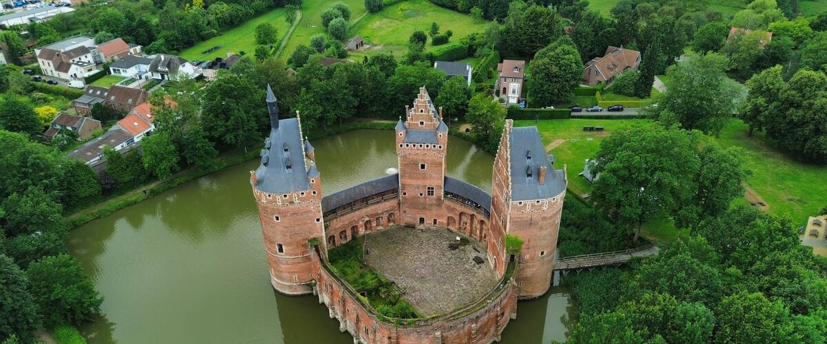 A historic castle surrounded by a moat and lush greenery.