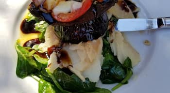 Amazing Napoleon! Basil pesto over smoked mozzarella over heirloom tomato over Portobello mushroom over potato au gratin over spinach! Love the dog friendly outdoor patio.