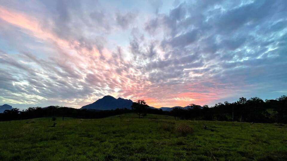 A sunset over a grassy field with a mountain in the background.