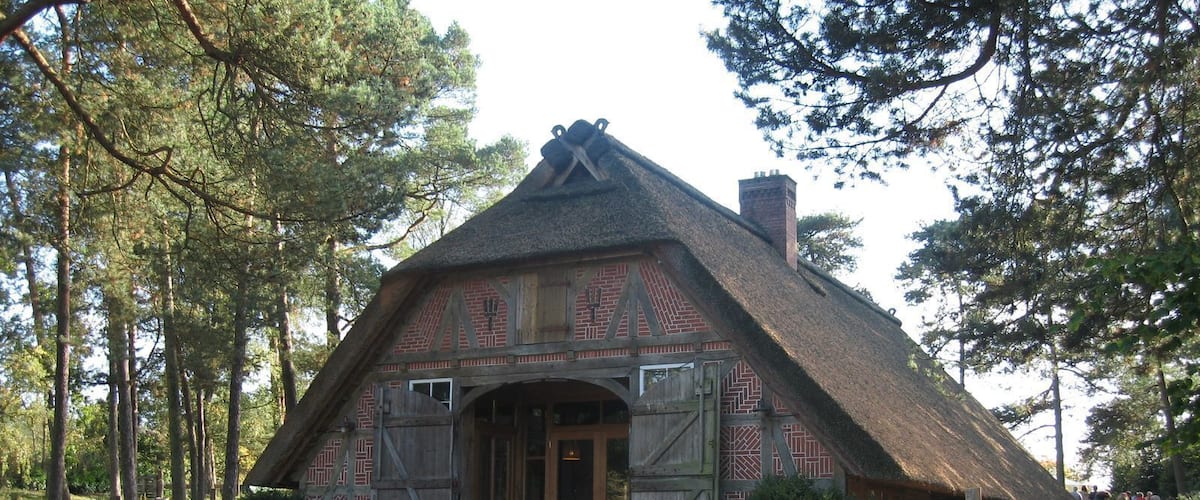 A traditional thatched-roof house surrounded by trees.
