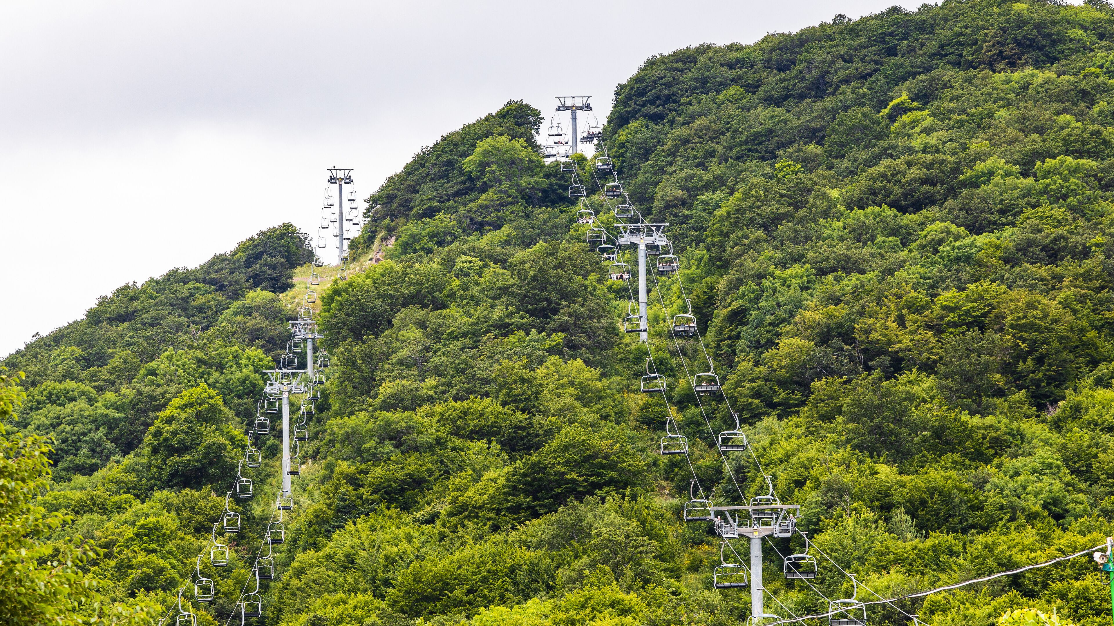 A cable car system on a lush green mountain.